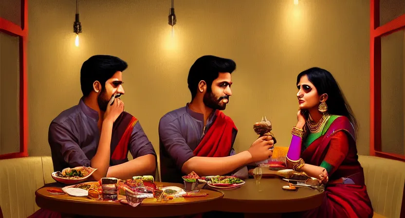 Image similar to a guy and girl on a date in a restaurant, saree, desi, art by salman toor. faithfully depicted facial expression, perfect anatomy, sharp focus, global illumination, radiant light, detailed and intricate environment, trending on artstation