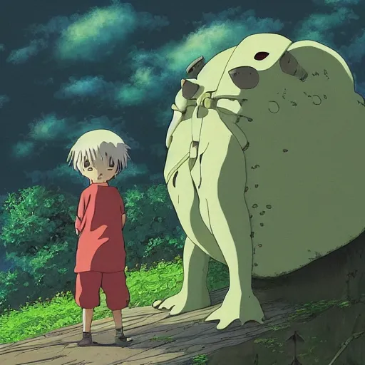 Image similar to guy and a friendly creature in the spirited away style, 4k art, high detail, smooth, anime beautiful peace scene, detailed face, studio ghibli, sharp focus high quality, fantasy, forest, detailed, wonderful, sky,