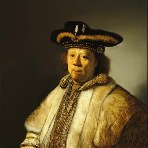 Prompt: white and brown kooiker depicted as a king, oil on canvas by Rembrandt