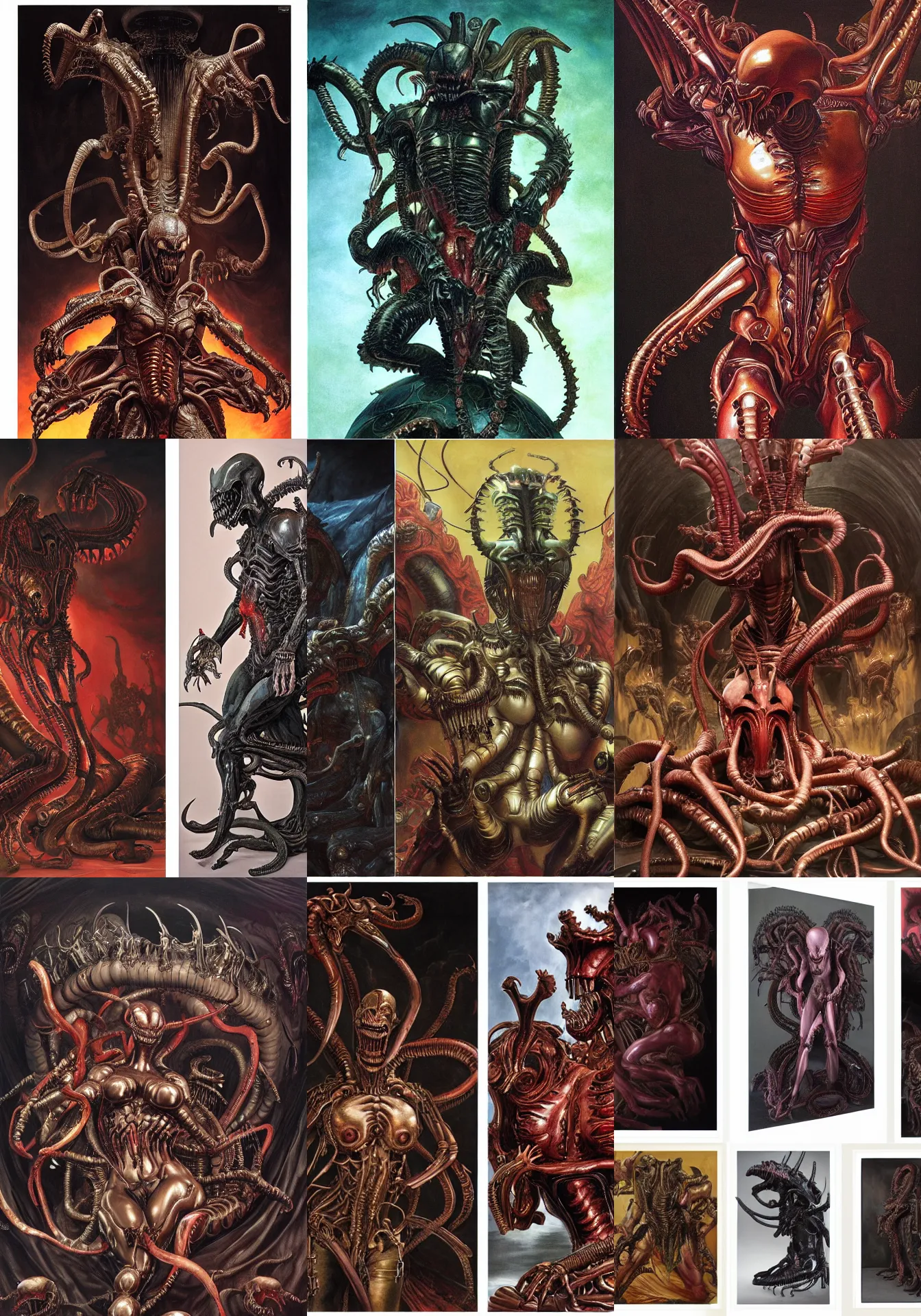 Prompt: doom eternal xenomorph queen editorial by guo pei painted by Caravaggio and by Rembrandt by Wayne Barlowe