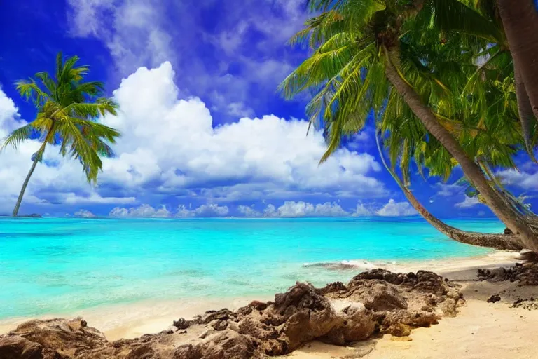Prompt: beautiful tropical island, clear blue water, stormy sky