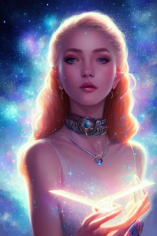 Prompt: beautiful and elegant female astromancer in the starry sky, star sparkles, sharp focus, epic retrowave art, masterpiece, trending on art station, fantasy, digital painting, highly detailed, 8 k realistic, dof, art by artgerm, greg rutkowski, sasoura, satchely, miracle, channel