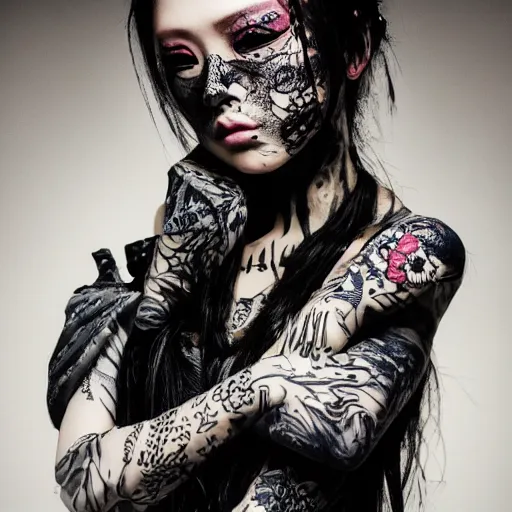 Image similar to japanese gothic model with maximalist hair style and kanji tattoos, charred photo border, dark colors, fashion model, portrait shot, depth of field, 8 k, hyper detailed, intricate, trending on artstation