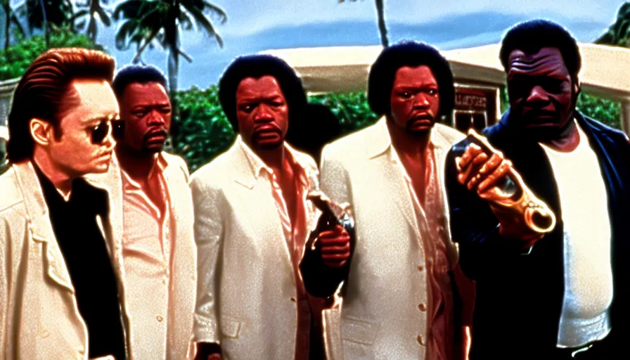 Image similar to jules from pulp fiction, christopher walken, gary oldman and ving rhames. in line at big kahuna burger.