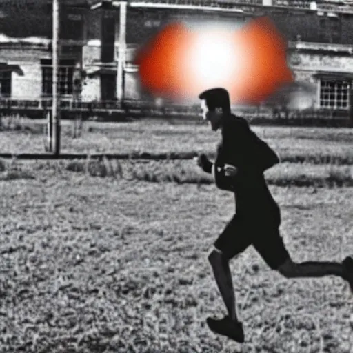 Image similar to cctv footage of a man running across a field, in the background is a large explosion, highly detailed, very realistic.