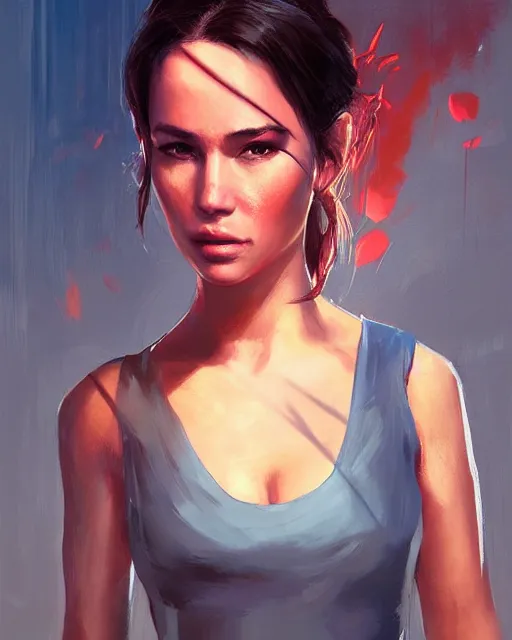 Image similar to elegant lara croft in a red evening dress, portrait, illustration, rim light, top light, summer clear blue sky, perfectly shaded, soft painting, art by krenz cushart and wenjun lin