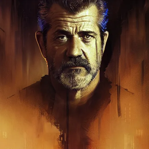 Image similar to mel gibson, hyperrealistic portrait, bladerunner street, art of elysium by jeremy mann and alphonse mucha, fantasy art, photo realistic, dynamic lighting, artstation, poster, volumetric lighting, very detailed face, 4 k, award winning