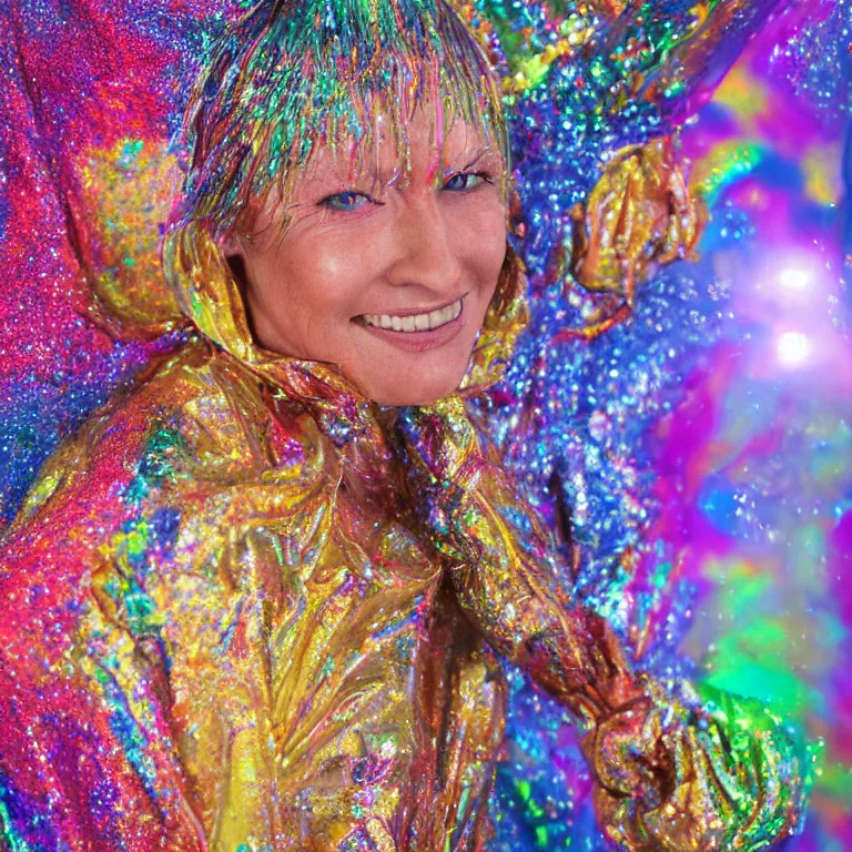 Image similar to octane render portrait by wayne barlow and carlo crivelli and glenn fabry, a woman wearing a clear plastic suit full of colorful thick fluid full of glitter, standing in front of a giant sheet of tie - dye aluminum foil, cinema 4 d, ray traced lighting, very short depth of field, bokeh