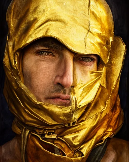 Image similar to watercolor painting portrait of man with a golden mask, photorealistic, shaded, cinematic lighting, high production value, intricate details, high resolution, hdr, high definition, masterpiece, realistic, ultrarealistic, highly detailed, hd, sharp focus, non blurry, sharp, smooth