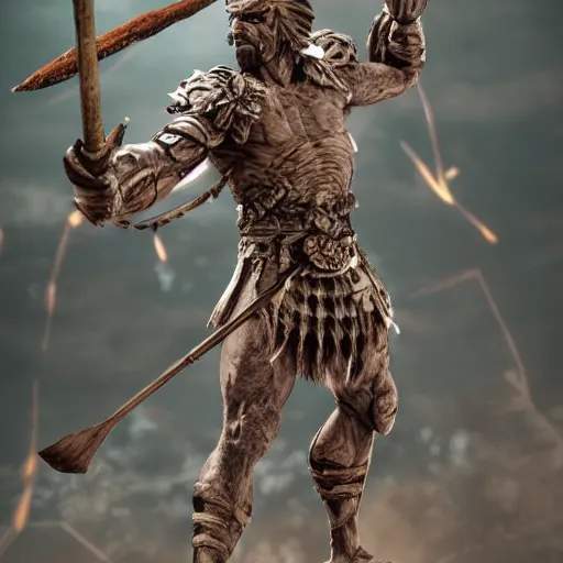 Image similar to muscular warrior with tree - bark skin wearing intricate stone and wood armor, holding halberd with laser blade, battlefield, highly detailed, dramatic lighting, cinematic, sci - fi, hyperrealistic, detailed