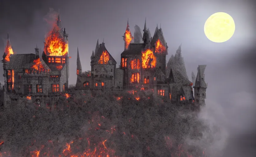 Image similar to a picture of burning!!! gothic! castle in smoke on a hill, village terrified by vampires, chaos, full moon in clouds, visual art, 8 k resolution, 3 d modelling, accent lighting, art station