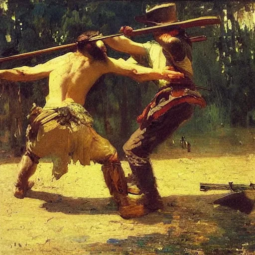 Image similar to duel between two ax - wielding bearded armed men. wide - angle. by ilya repin