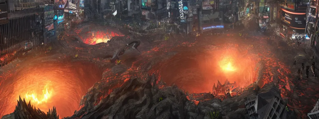 Image similar to large sinkhole in the middle of shibuya tokyo, with ancient glowing spiked wyvern flying creatures emerging from the hole, in the style of monster hunter world, like concept art on artstation, hyperdetailed, vray render, octane render,