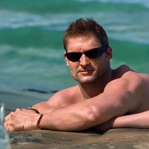 Prompt: Sam Fisher from Splinter cell relaxing on a tropical beach