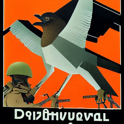 Image similar to a detailed and complex, highly detailed, soviet propaganda poster depicting a dromaius in military uniform. painting by dmitri moor