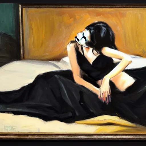 Image similar to Ground Level Shot of a dark haired woman wearing a black dress, on a bed. by fabian perez