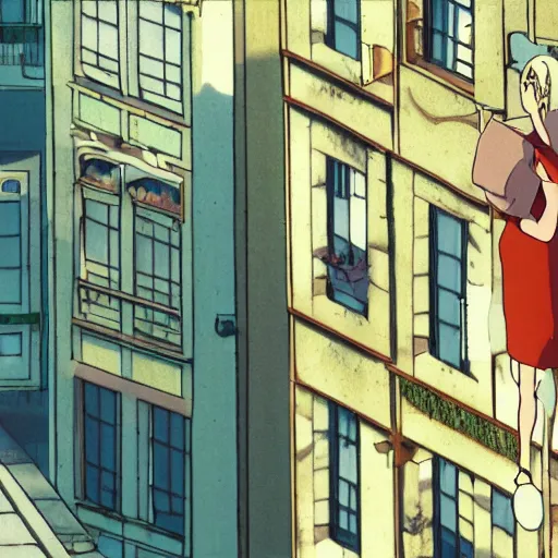 Prompt: a blonde, ponytailed woman stands on her balcony over a city street at night, still from urban scenes directed by Hayao Miyazaki