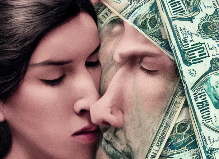 Image similar to reylo kissing dollar bill design