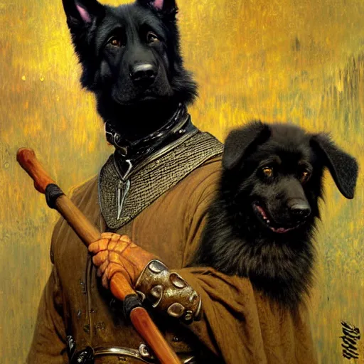 Prompt: a portrait of a black german shepard dogman canine with human eyes smiling holding a staff stick lord of the rings. highly detailed painting by gaston bussiere craig mullins jc leyendecker gustav klimt artgerm greg rutkowski