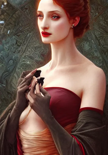 Image similar to sansa angeline jolie gessica chastain vampire, intricate, elegant, highly detailed, digital painting, artstation, concept art, smooth, sharp focus, illustration, art by artgerm and greg rutkowski and alphonse mucha and william - adolphe bouguereau