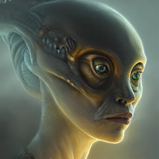 Prompt: Alien grey portrait, atmospheric lighting, painted, intricate, golden hour, ultra detailed by Leesha Hannigan, Ross Tran, Thierry Doizon, Kai Carpenter, Ignacio Fernández Ríos