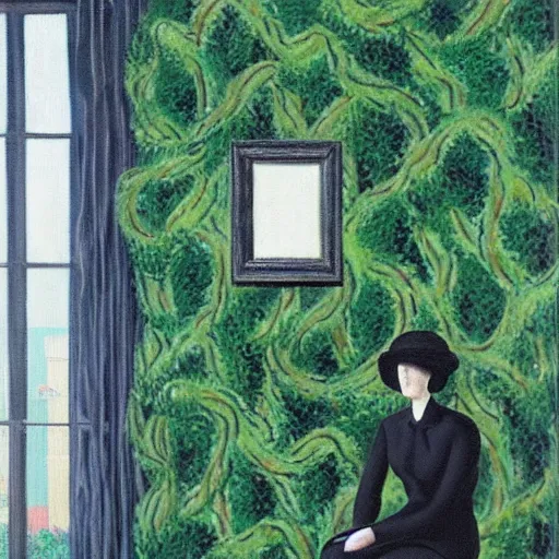 Image similar to painting of an artist in her apartment, wrapped in vines, black walls, puddles, moss, stone, acrylic on canvas, by magritte and monet