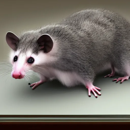 Image similar to HD photo of an opossum lawyer. opossum barrister. opossum legal professional. HD photorealistic digital render.