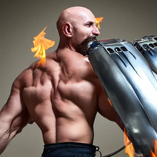 Image similar to a muscular bald man carrying two turbine engines with fire spitting out