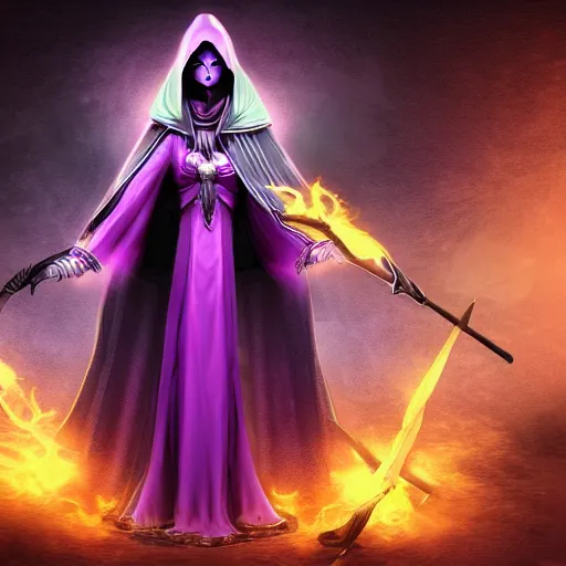 Image similar to an attractive female necromancer mage symmetrical, donned in black cloak with purple staff