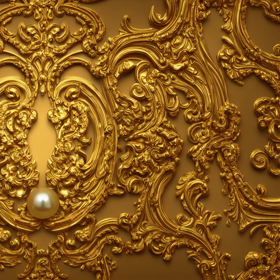 Prompt: subsurface scattering, seamless 3 d baroque gold pattern, beautiful dynamic shadows, gold and pearls, symmetrical, rococo elements, damask, artstation, versace pattern, concept design art, octane render, 8 k