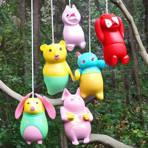 Image similar to some cute plastic toys that look like animal characters hanging laundry in the backyard, pastel colors