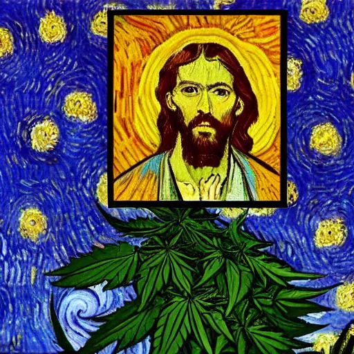 Image similar to jesus spreads his hands against the background of growing cannabis. an oil painting in the style of van gogh