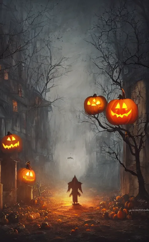 Image similar to a creepy and eery Halloween setting, with Jack o lanterns on the street and ghost roaming around, dynamic lighting, photorealistic fantasy concept art, stunning visuals, creative, cinematic, ultra detailed, trending on art station, spooky vibe
