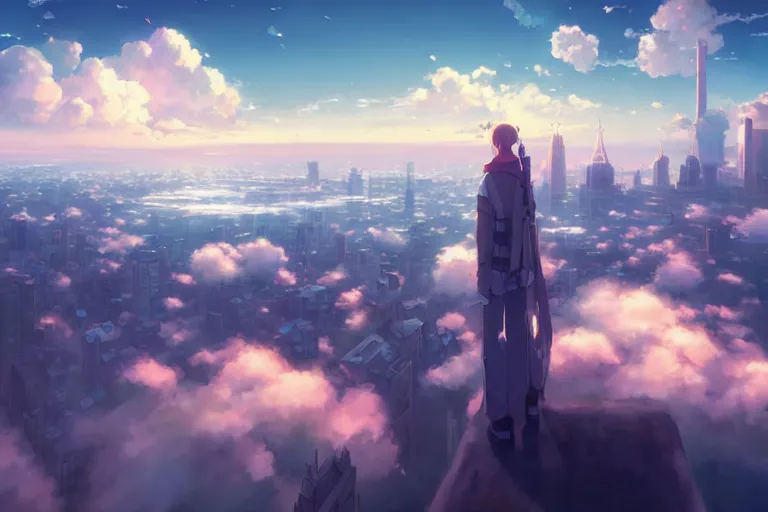 Image similar to ultra realistic city floating on clouds, colors, 8 k, hd, details, fantasy, epic, ancient city, illustration concept art anime key visual trending pixiv fanbox by wlop and greg rutkowski and makoto shinkai and studio ghibli and kyoto animation symmetrical facial features