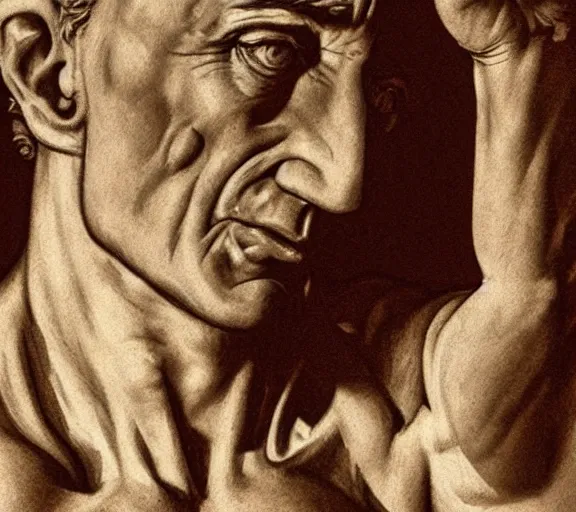 Image similar to a hyper-detailed photograph of Robert DeNiro by Michelangelo in the style of his masterpiece Creation of Man; anatomically correct; trending on artstation; f/1.4; 90mm