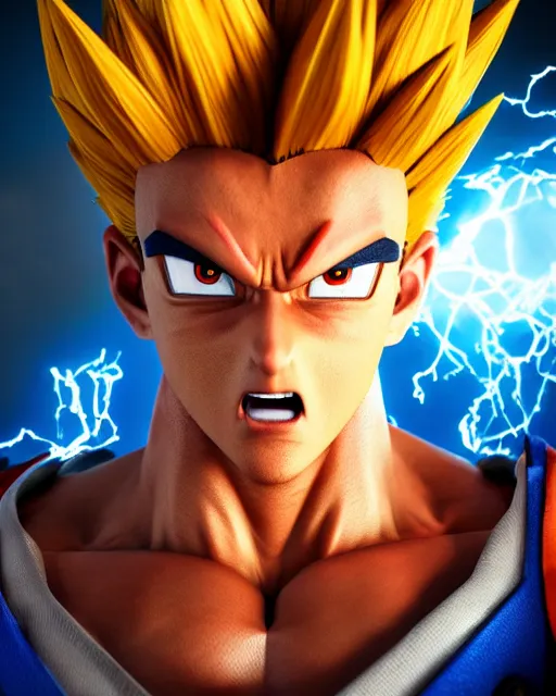 Image similar to 3 d high octane render, 8 k cgi, unreal engine, photorealistic goku, portrait, dynamic lighting, photorealistic, unreal engine, octane, ultra detailed, detailed faces, hd quality