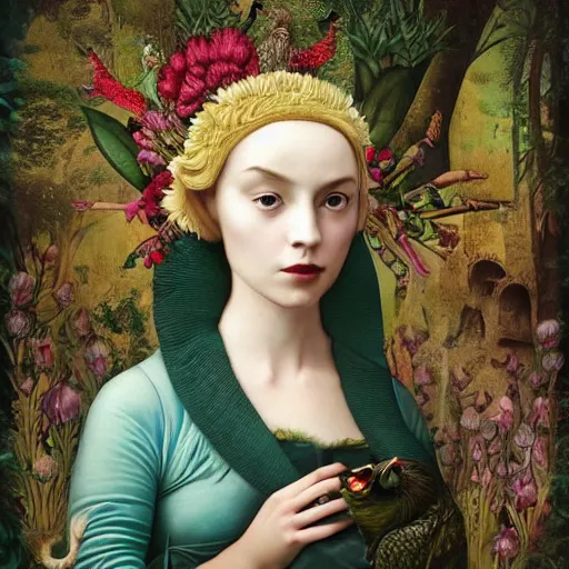 Image similar to a detailed portrait of young woman in renaissance dress and a surreal renaissance headdress, very surreal garden, cyberpunk, surreal tea party, cats, birds, nature, strange creatures, by christian schloe and botticelli, naotto hattori, amy sol, roger dean, moody colors