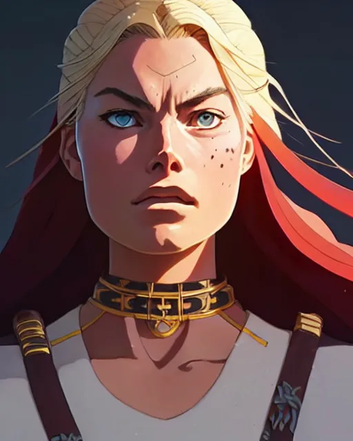 Image similar to azctec warrior, margot robbie, detailed perfect face, exquisite details, fire magic, mid view, design on a white background, by studio muti, greg rutkowski makoto shinkai takashi takeuchi studio ghibli