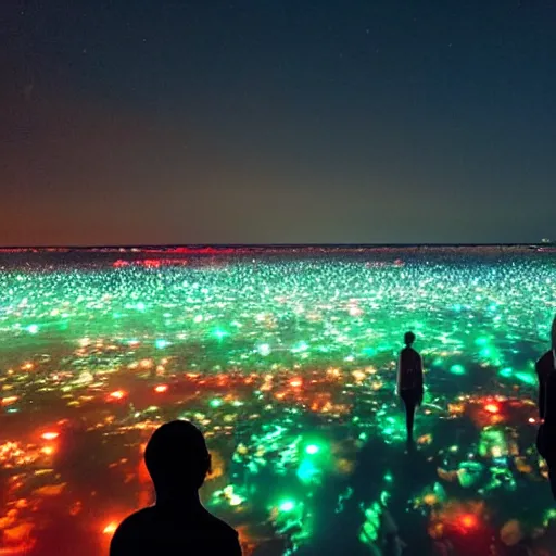 Image similar to glowing diverse groups of humans glowing sea at night, from behind, wide angle, elaborate, highly detailed, beautiful lighting