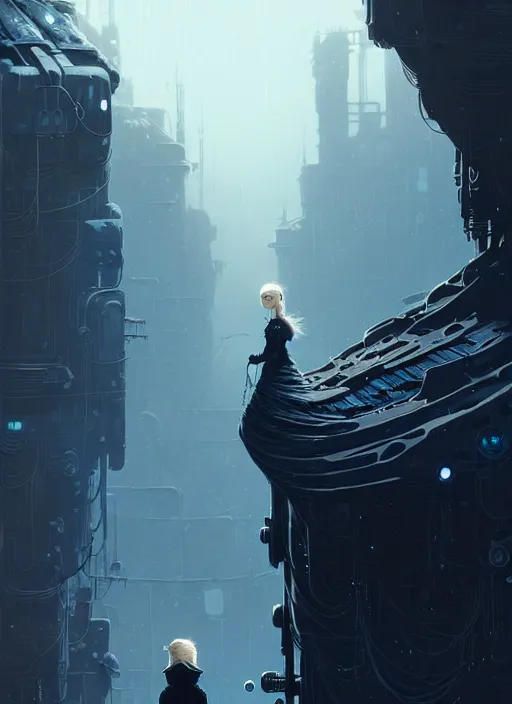 Image similar to highly detailed portrait of a moody frostpunk long blonde hair lady with droid companion, stray wiring by atey ghailan, james gilleard, by joe fenton, by greg rutkowski, by greg tocchini, by kaethe butcher, 4 k resolution, gradient blue, black and white color scheme!!! ( ( glaciated dystopian city background ) )