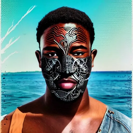 Image similar to a portrait of a black man with side profile blood in ocean intricate details :: side profile :: futuristic mask :: by vikings and Sandra Chevrier