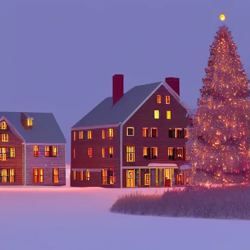 Image similar to christmas in a new england town physically based render, night backlit, 1 9 6 0 s