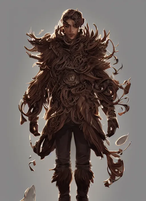 Image similar to a highly detailed illustration of thick wavy brown haired young white guy wearing brown coat and face mask, black mechanical arms on his back, dramatic standing pose, intricate, elegant, highly detailed, centered, digital painting, artstation, concept art, smooth, sharp focus, league of legends concept art, WLOP