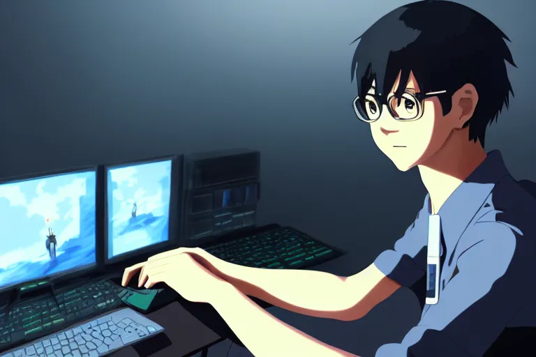 Image similar to a nerdy boy is programming at a computer in a room full of gadgets, very detailed face, by makoto shinkai and ghibli studio, dramatic lighting, highly detailed, incredible quality, trending on artstation