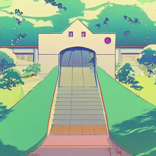 Image similar to a beautiful picture of the entrance of an high school, art by masaaki yuasa, trending on artstation