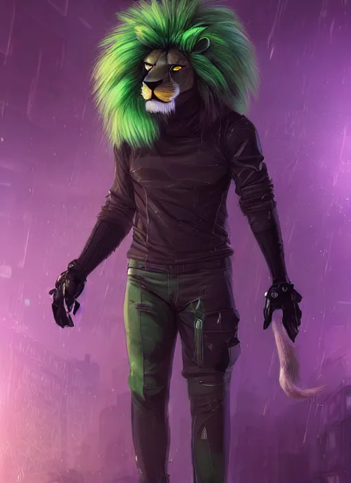 Image similar to award winning beautiful portrait commission of a male furry anthro lion fursona with a tail and a cute beautiful attractive detailed furry face wearing stylish black, green and purple cyberpunk clothes in a cyberpunk city at night while it rains. Character design by charlie bowater, ross tran, artgerm, and makoto shinkai, detailed, inked, western comic book art