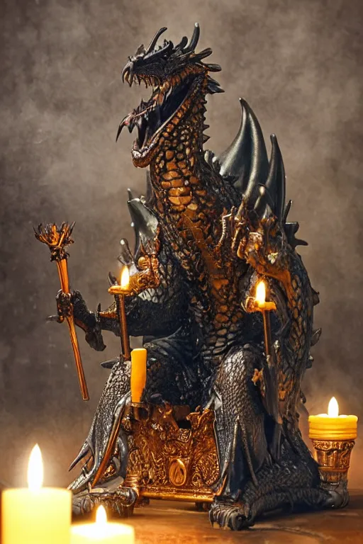 Image similar to 0 a dragon king sits on a throne by greg rutkowski magic realism hyper realistic 2 0 0 mm lens candlelight