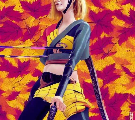 Prompt: breathtaking detailed pattern pastel colors, action scene from kill bill, with uma thurman ( kill bill ) in yellow kimono, with hatori hanzo katana sword and autumn leaves, by hsiao - ron cheng, bizarre compositions, exquisite detail, enhanced eye detail