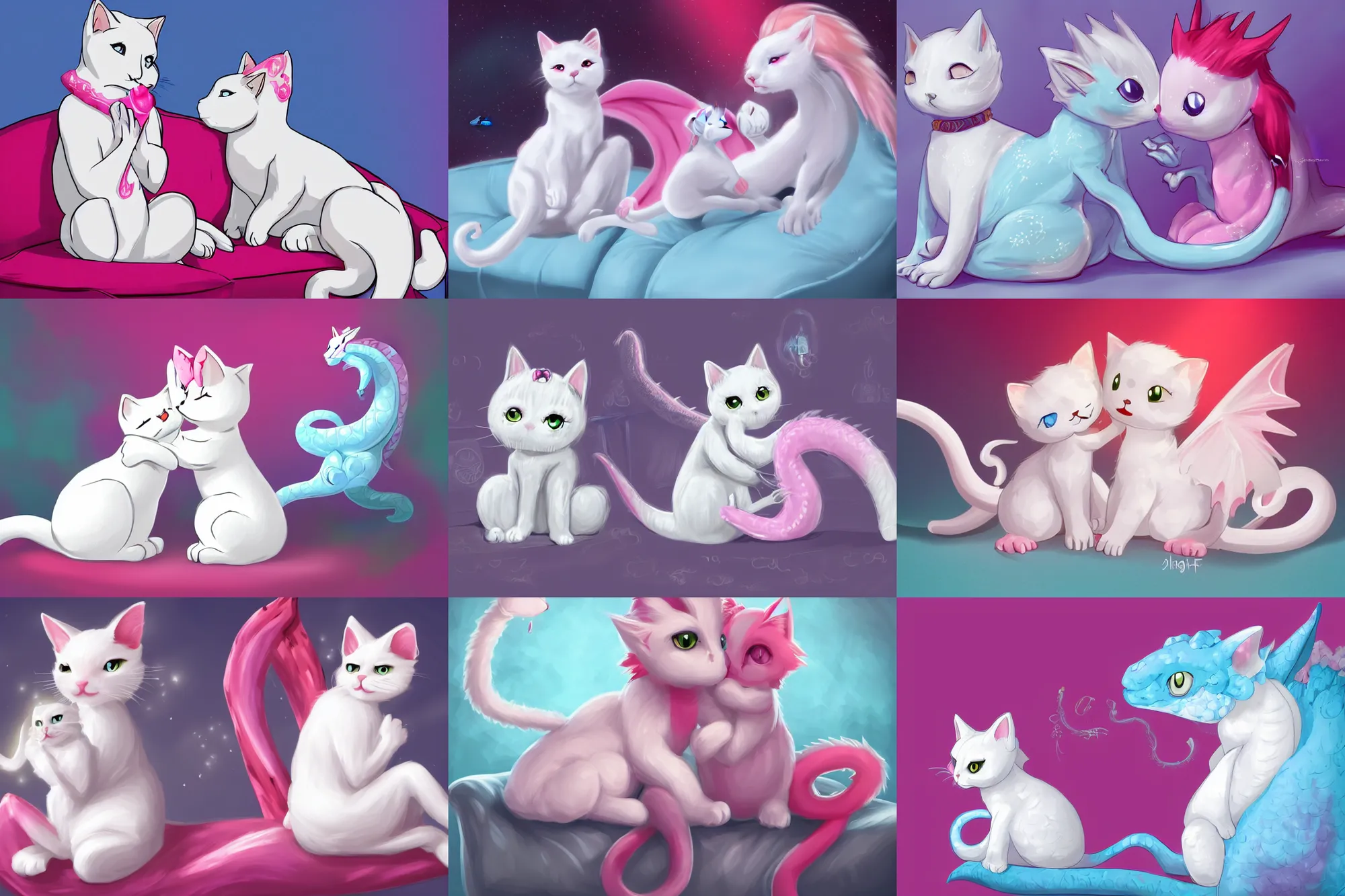 Prompt: A white cat kissing a pink dragon on the cheek, sitting on a couch, soft lighting, light blue background, digital art, trending on Furaffinity and Deviantart