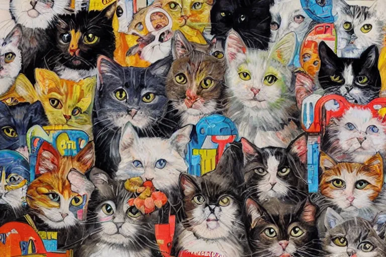 Prompt: a group of cat by Sandra Chevrier, colorful alphabets shapes